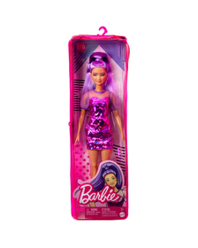 PAPUSA BARBIE FASHIONISTA CU PAR MOV CU ROCHIE CU UMERI BUFANTI