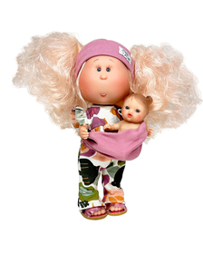 Papusa Nines D'Onil, Mia, cu parul blond, cu bebe, cu articulatii, cu miros de vanilie, 30 cm