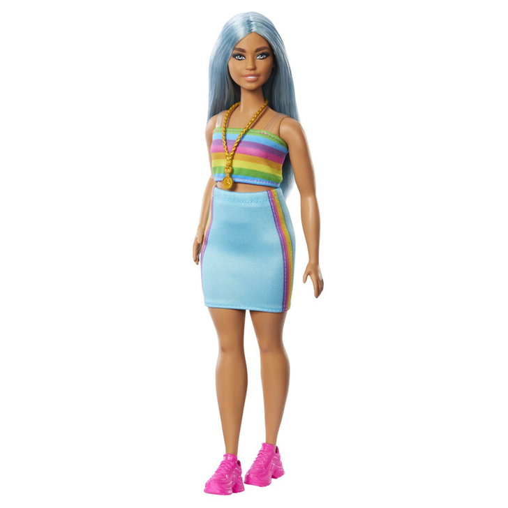 PAPUSA BARBIE FASHIONISTA CU PAR ALBASTRU PLATINAT SI TOP SPORT